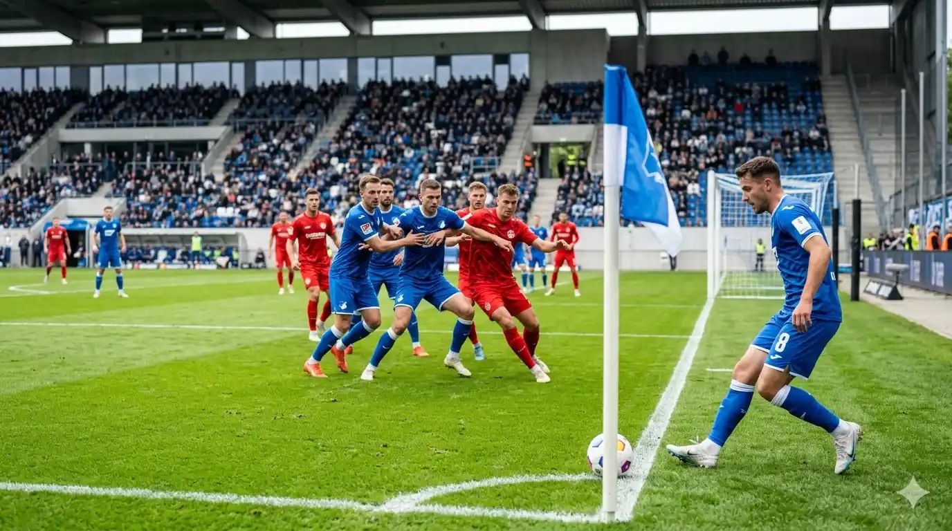 Eckstoß während eines 2.-Bundesliga-Spiels, Spieler im Strafraum positionieren sich zum Kopfball, Eckfahne sichtbar, dahinter Tribünen mit Zuschauern