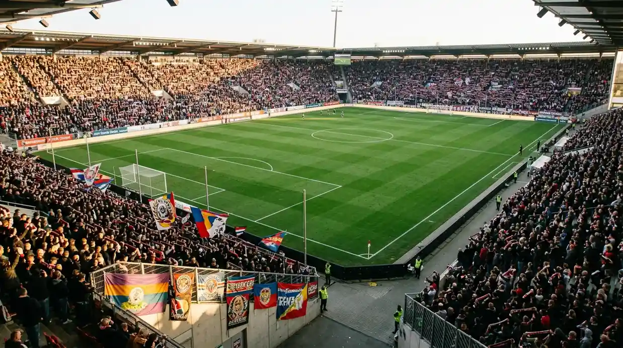 Stadion der 2. Bundesliga am letzten Spieltag mit voll besetzten Tribünen