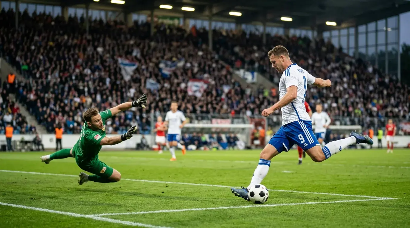Stürmer der 2. Bundesliga zieht aus 16 Metern auf das Tor ab, Torwart taucht nach links, im Hintergrund volle Stadiontribüne unter Flutlicht